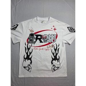 First Row T-Shirt Men's M White Graphic Rhinestone Skull Crew Neck Short Sleeve
